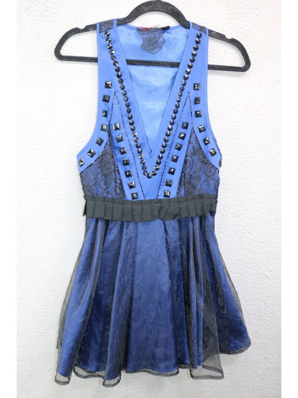 Twelve by Twelve Royal Blue Black Racerback Satin Dress-Small/P-Mesh-Beaded